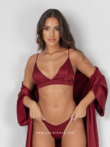 Burgundy robe with belt, bralette and panty