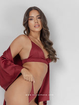 Burgundy robe with belt, bralette and panty