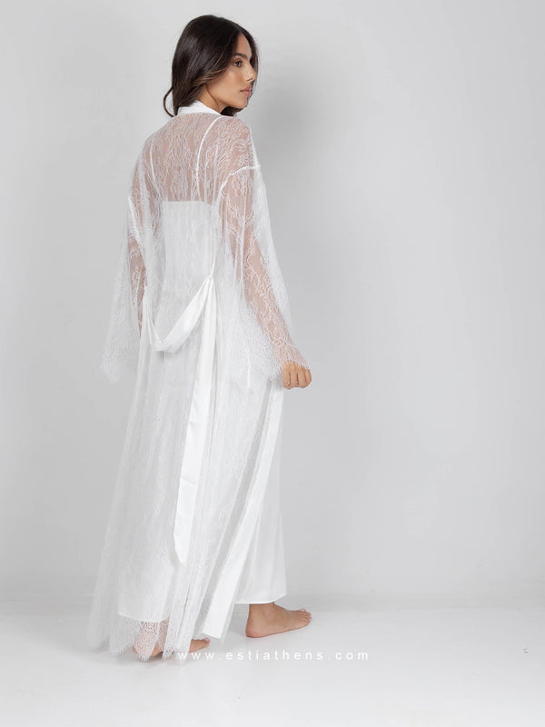 White bridal robe with lace and satin belt