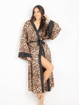 Satin animal print long robe with black detail and belt