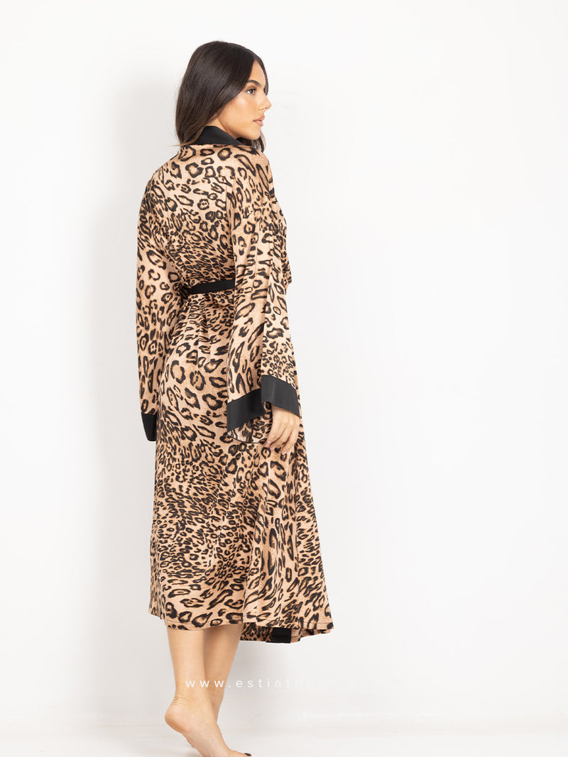 Satin animal print long robe with black detail and belt