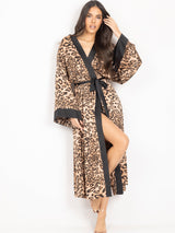 Satin animal print long robe with black detail and belt