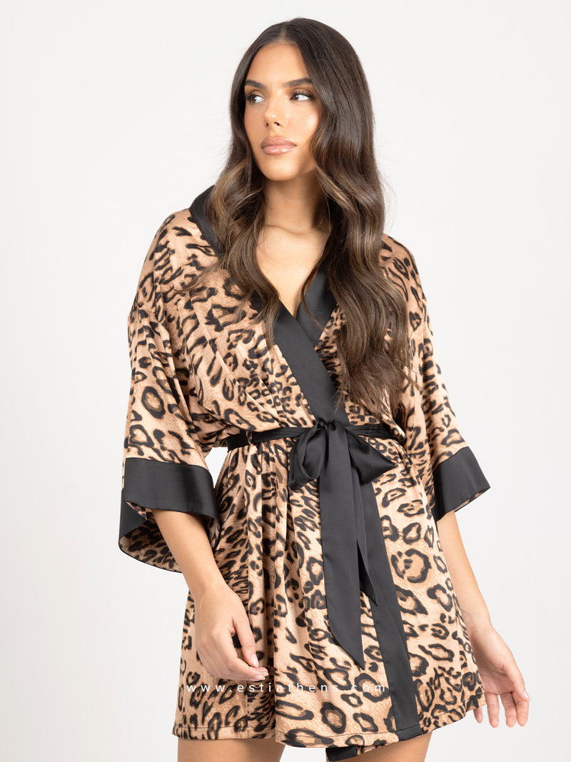 Satin animal print short robe with black detail and belt