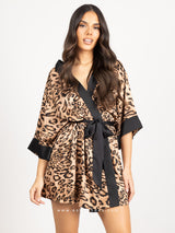 Satin animal print short robe with black detail and belt