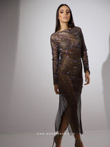 Silver Metallic Fishnet Dress with Rhinestones