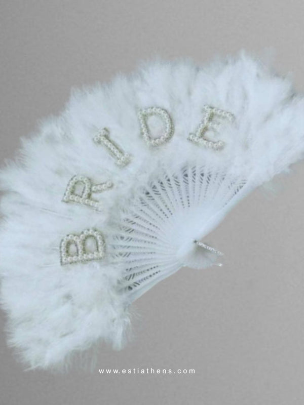 White bridal hand fan with feathers and "Bride" detail