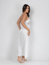 White bridal satin nightdress with lace and "V" neckline