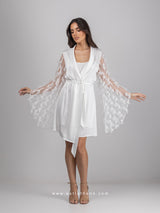 White short bridal set with robe with feathers and nightdress