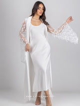 White bridal robe set with feathered sleeves