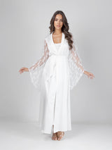 White bridal robe set with feathered sleeves