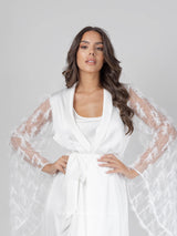 White bridal robe set with feathered sleeves