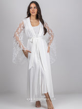 White bridal robe set with feathered sleeves