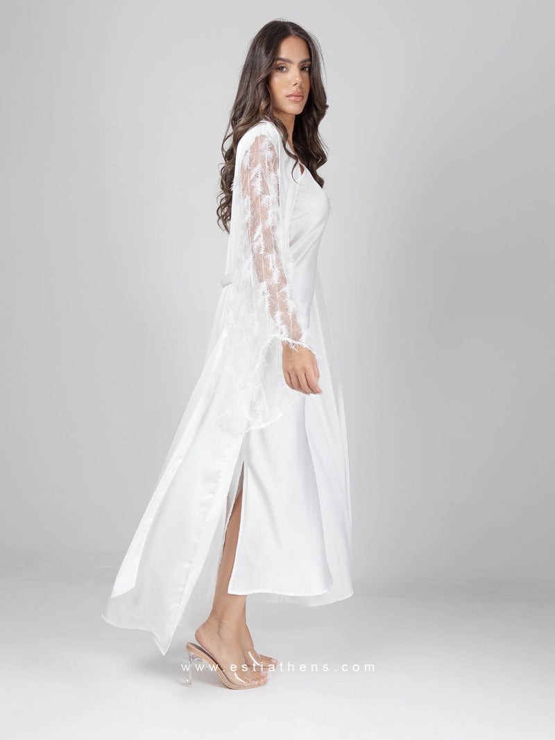 White bridal robe set with feathered sleeves
