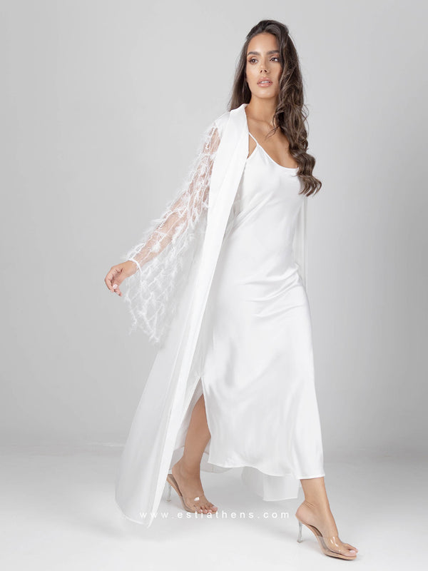 White bridal robe set with feathered sleeves