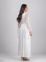 White bridal robe set with feathered sleeves