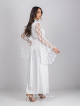 White bridal robe set with feathered sleeves