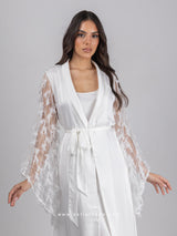 White bridal robe set with feathered sleeves