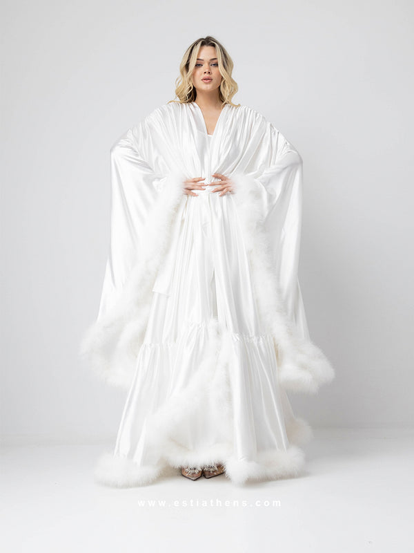 White bridal set with satin oversized maxi robe