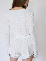 White pointelle pajama set with blue hearts