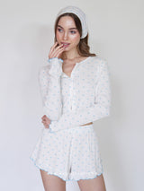 White pointelle pajama set with blue hearts
