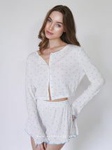 White pointelle pajama set with blue hearts