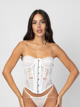 White lace corset set with gloves and stockings