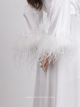 Bridal white long robe dress with feathered sleeves and a nightgown