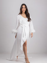 Bridal white long robe dress with feathered sleeves and a nightgown