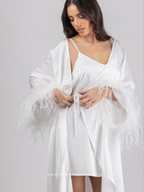 Bridal white long robe dress with feathered sleeves and a nightgown