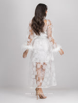 Bridal white lace robe dress with feathered sleeves