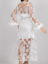 Bridal white lace robe dress with feathered sleeves