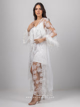 Bridal white lace robe dress with feathered sleeves