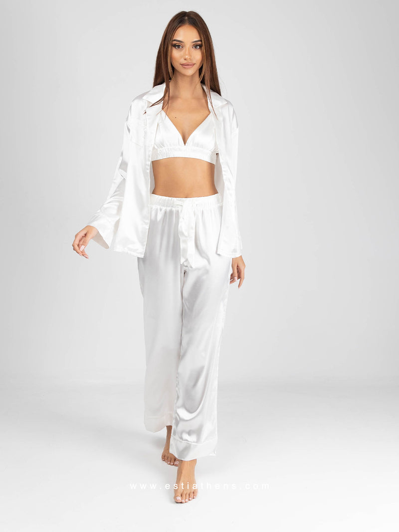 White Satin Three piece pajama set