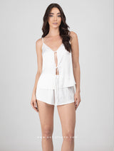 White pajama set with sheer bust detail