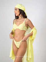 Yellow sheer lingerie set with robe