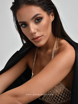 Gold metallic bra with rhinestones and chains