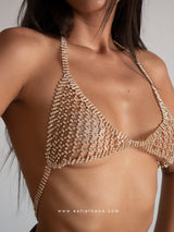 Gold metallic bra with rhinestones and chains