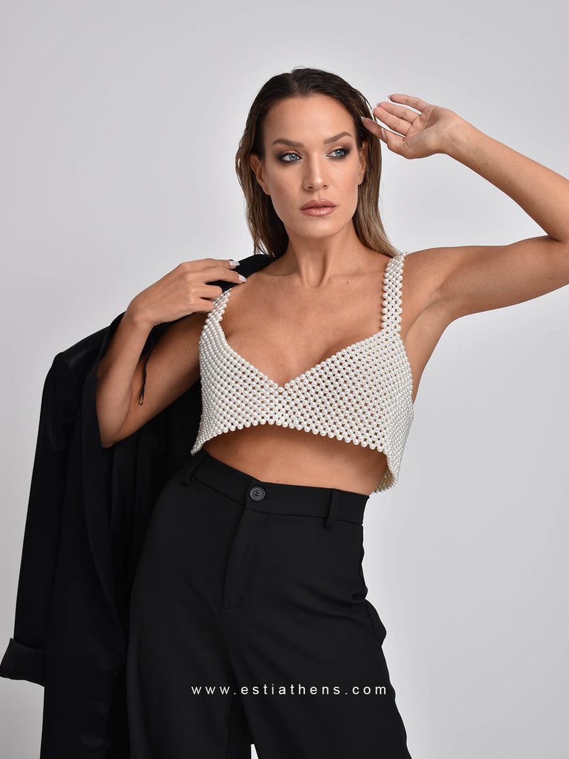 White Crop Top with Pearls