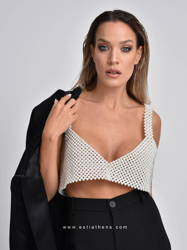 White Crop Top with Pearls